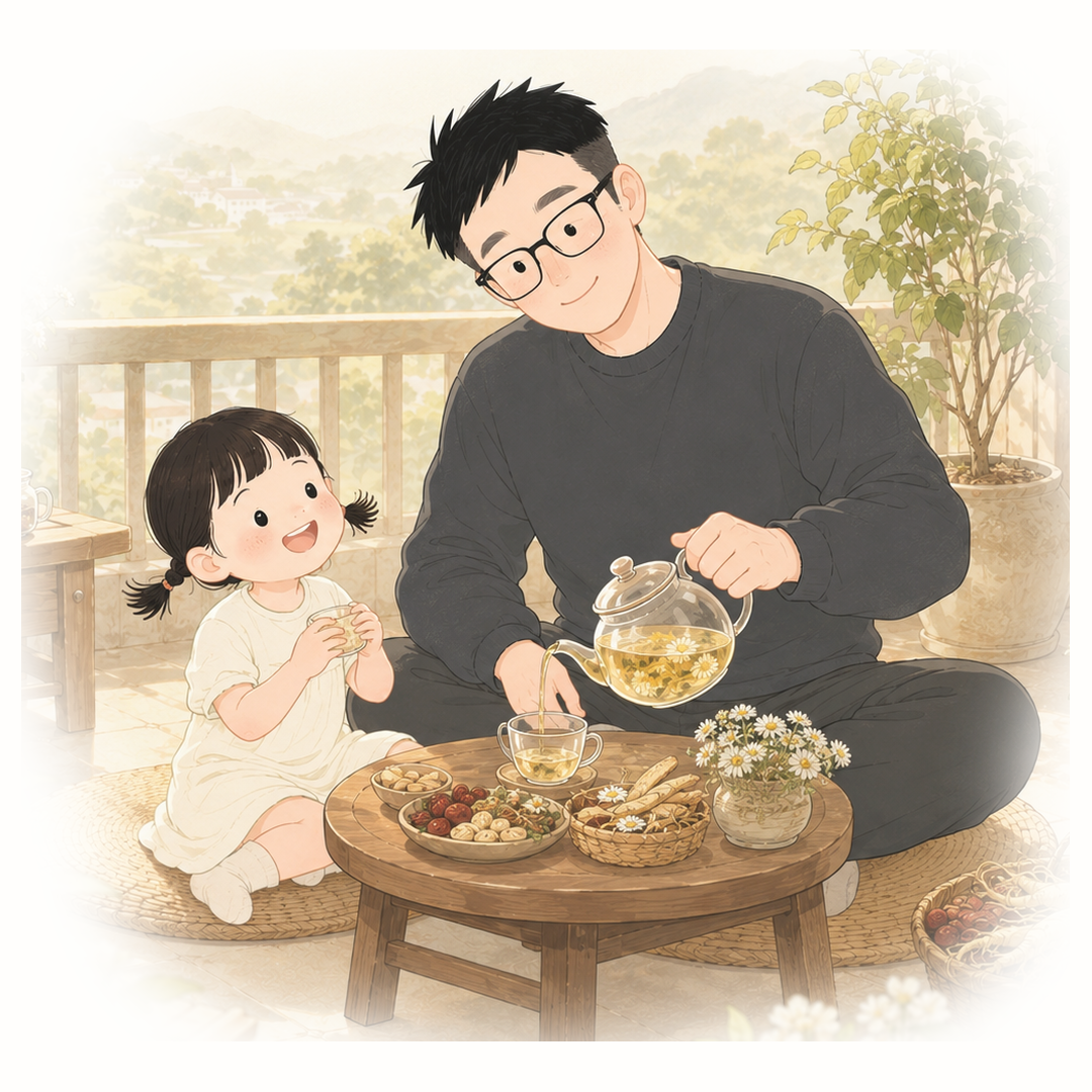 蒸蒸爸与孩子的中式育儿插画